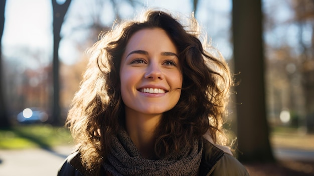 Een afbeelding van een gelukkige, gezonde vrouw die geniet van de zon in een buitenpark vol hoge bomen en een zonnige weide