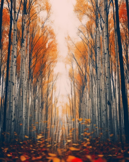 een afbeelding van een herfstbos met bomen en bladeren die in de wind waaien