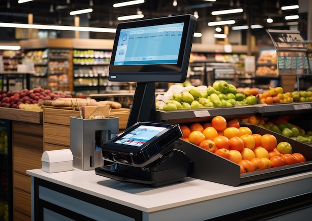 Een afbeelding van een hightech AI-aangedreven selfcheckout-ruimte in een moderne winkel