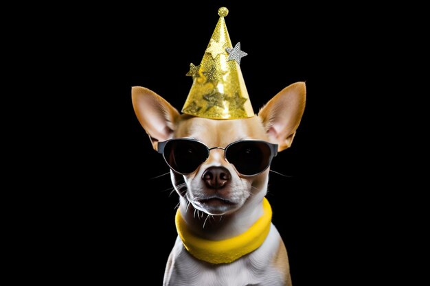 een afbeelding van een hond met een feesthoed, zonnebril en een glimlach
