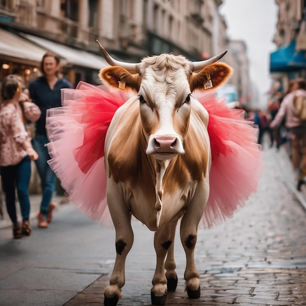 Een afbeelding van een koe die zich sierlijk in een tutu kleedt