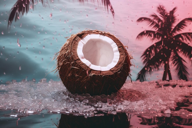 een afbeelding van een kokosnootschaal met water besproeid in de stijl van vaporwave