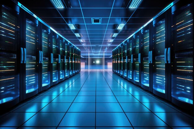 Foto een afbeelding van een lange gang met rijen servers in een datacenter met een opslagfaciliteit met hoge dichtheid datacenter-serverruimte ai gegenereerd