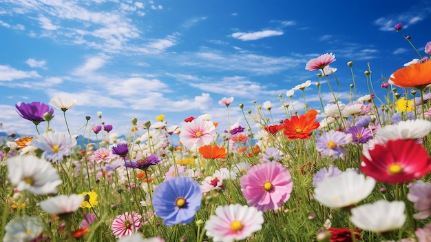Een afbeelding van een levendig veld met wilde bloemen in volle bloei onder een helderblauwe hemel