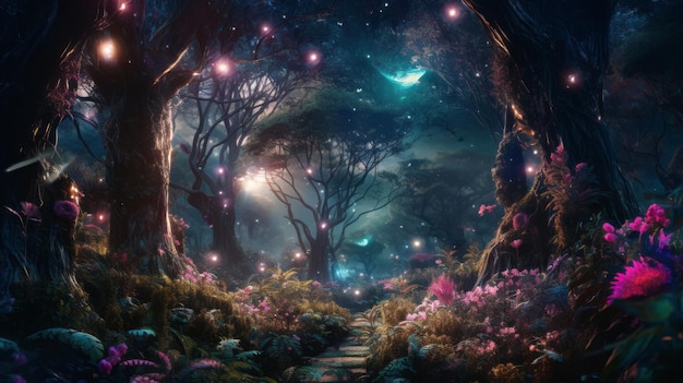 een afbeelding van een magisch bos 's nachts