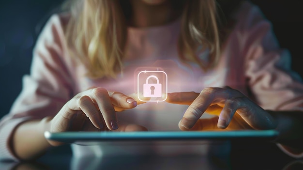 Foto een afbeelding van een meisje dat een icoon van een kluis aanraakt met haar tablet concept van online banking online veiligheid en bescherming van digitaal geld