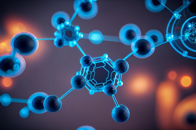 Een afbeelding van een molecuul met blauwe en gele kleuren.