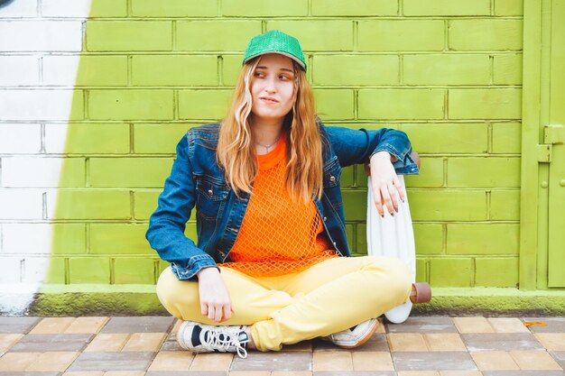 Foto een afbeelding van een mooi 18-jarig meisje dat lacht terwijl ze op een skateboard zit tegen een heldere bakstenen muur generatie z