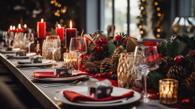 Een afbeelding van een mooi gedekte eettafel met feestelijke kerstversieringen