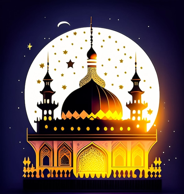 Een afbeelding van een moskee met een maan en sterren op de top.