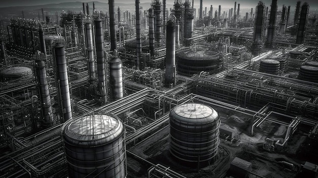 Een afbeelding van een olieraffinaderij met pijpleidingen en tanks AI Generative