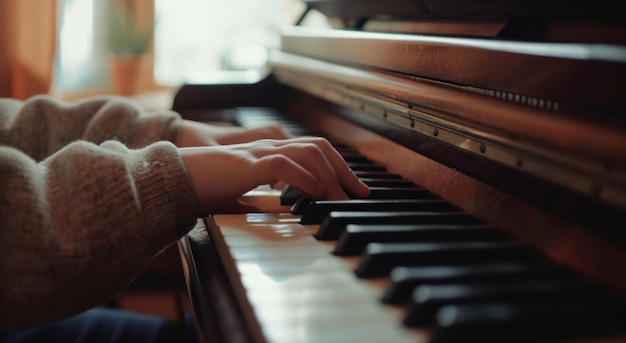 een afbeelding van een persoon die een piano van zwart hout speelt