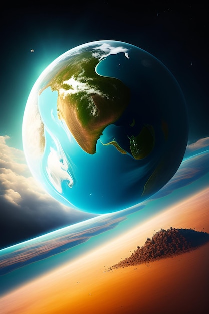 Een afbeelding van een planeet met een blauwe en gele wereldbol in het midden