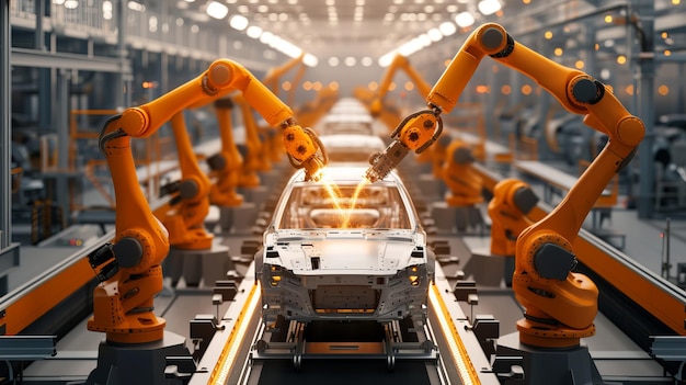 Een afbeelding van een robotarm die een auto nauwkeurig assembleert in een hightech fabrieksomgeving Focus op de precisie van de robotarm en de opkomende details van de auto Created Usin AI Generative