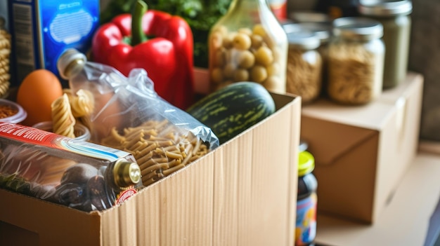 Een afbeelding van een schenkingsdoos vol met voedsel en goederen