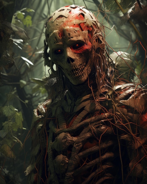 een afbeelding van een skelet in het bos
