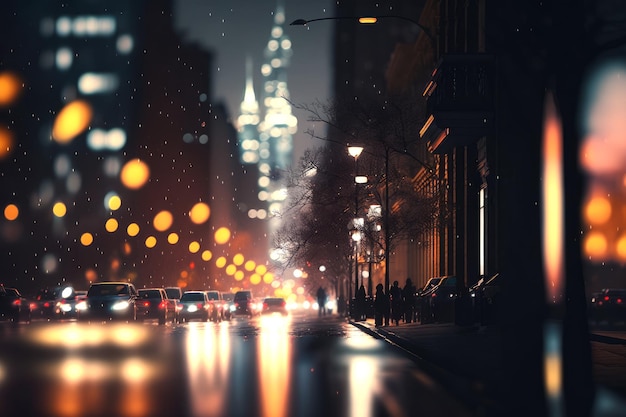 Een afbeelding van een stadsstraat 's nachts Generatieve AI
