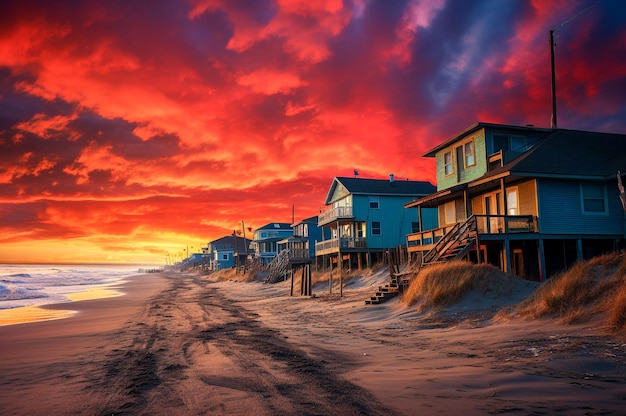 Een afbeelding van een strand bij zonsondergang