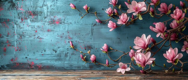 Een afbeelding van een vakantie achtergrond met roze magnolia bloemen en twee fotorammen op een muur gemaakt van versleten houten planken