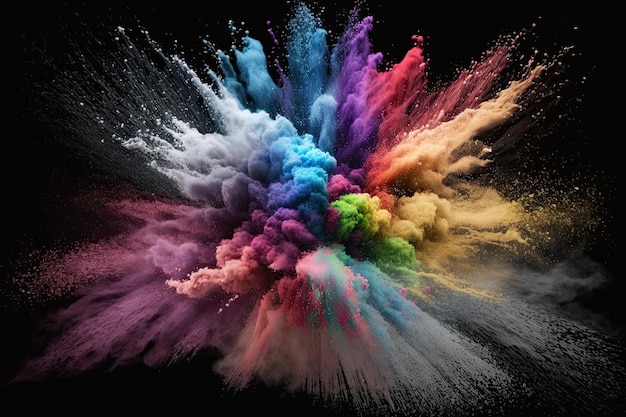 Een afbeelding van een veelkleurige poederexplosie op een zwarte achtergrond met een realistische foto van een naadloze textuur Generatieve AI