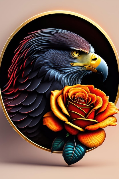 Een afbeelding van een vogel met een rode roos in het midden
