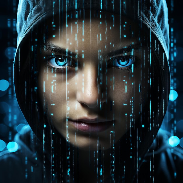 een afbeelding van een vrouw in een hoodie met blauwe ogen