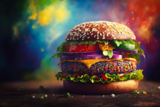 Een afbeelding van hamburger op kleurrijke achtergrond Generatieve AI