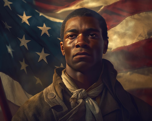 Een afbeelding van het schilderen van een historische en zelfverzekerde Afro-Amerikaanse man die kijkt met een Amerikaanse vlag