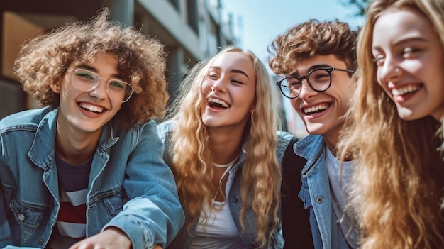 Een afbeelding van lachende jongeren die buiten een school hangen GENERATE AI