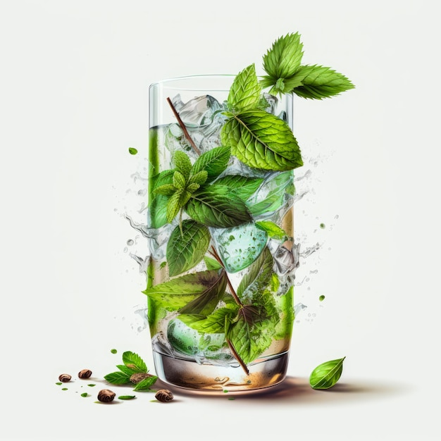 Een afbeelding van mojito met muntblaadjes en ijsblokjes Generatieve AI