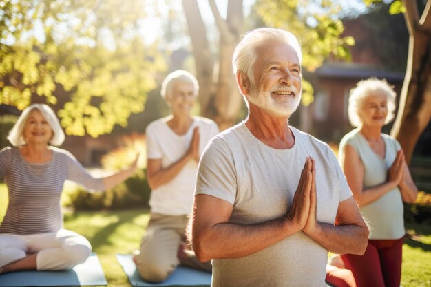 Een afbeelding van oudere mannen en vrouwen die buiten in een yoga-houding zitten en ontspanning en welzijn bevorderen in een natuurlijke omgeving