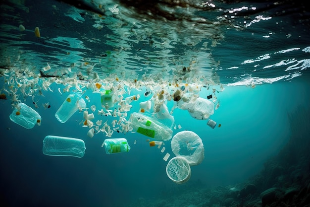 Een afbeelding van plastic afvalflessen die in de oceaan drijven