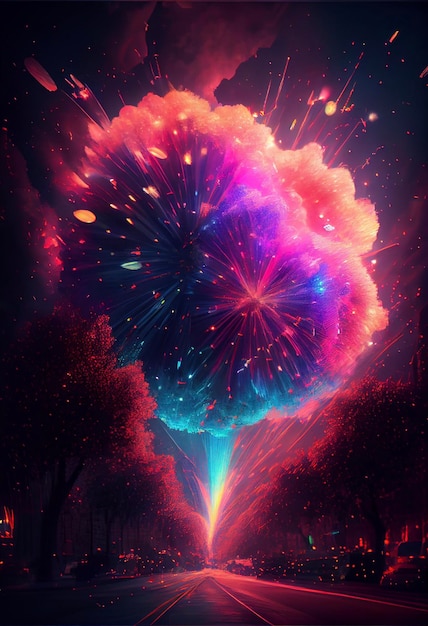 Een afbeelding van vuurwerk in de nachtelijke hemel generatieve ai