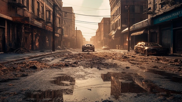 Een afgebrande stadsstraat zonder leven apocalyptische scène Generatieve AI