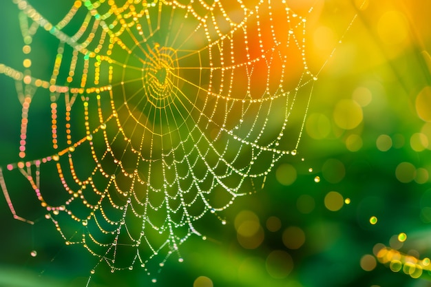 Een afgebroken spinnenweb schitterend in het ochtendlicht