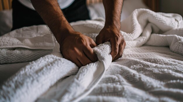 Een afgekapte afbeelding van een man die een bed schoonmaakt