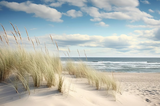 Foto een afgelegen en rustige zeestrand met ongerept zand en een zachte bries die door de duinen ruistert de schoonheid van het natuurlijke landschap woestijn zeestrand