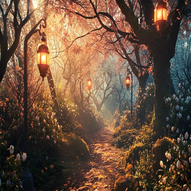 Een afgelegen stenen pad verlicht door zacht gloeiende lantaarns