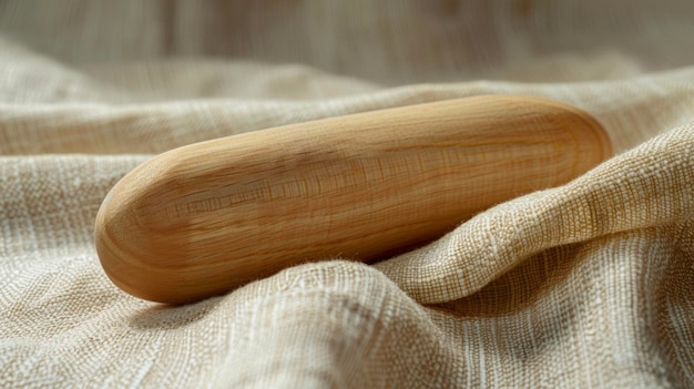 Een afgerond houten gereedschap met gladde, verfijnde randen zit op een doekoppervlak dat wordt gebruikt voor acupressuurmassage