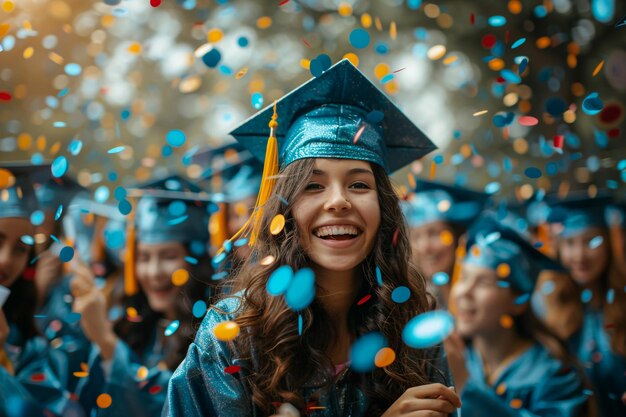 een afgestudeerde met confetti en streamers op de achtergrond