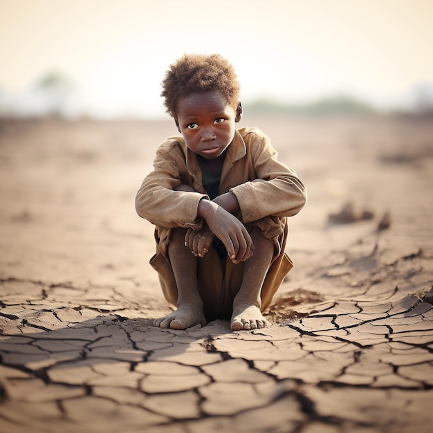 een Afrikaans kind zat gebogen zijn knieën op droge grond en handen gesloten op zijn gezicht globale opwarming