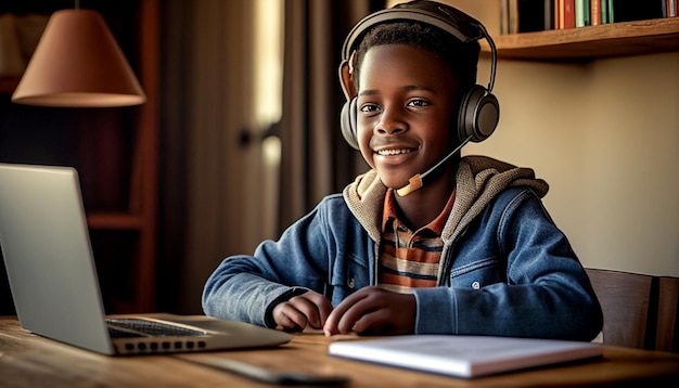 Een Afrikaanse jongere van 10 tot 12 jaar zit aan een houten bureau met een koptelefoon op en studeert op een laptop Generatieve AI