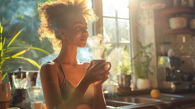 Een Afrikaanse vrouw neemt een kop koffie in zijn huis eetruimte na het werken uit zon straalt en ruimte Generatieve AI