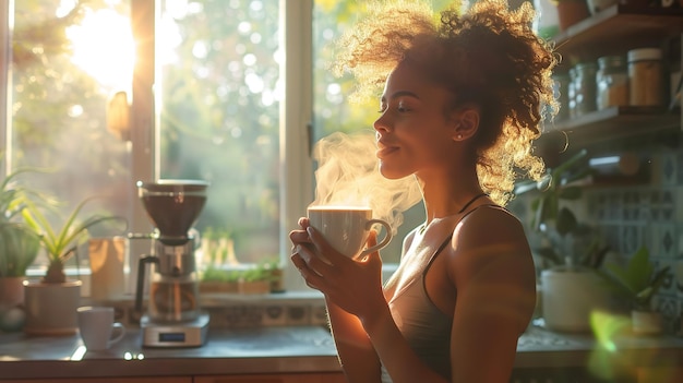 Een Afrikaanse vrouw neemt een kop koffie in zijn huis eetruimte na het werken uit zon straalt en ruimte Generatieve AI