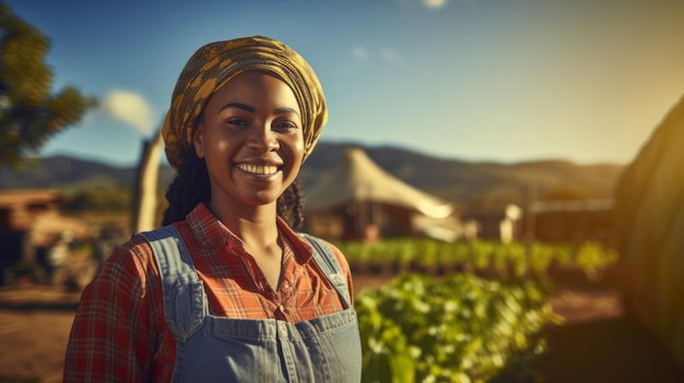 Een Afrikaanse vrouwelijke boer staat op het landbouwveld.