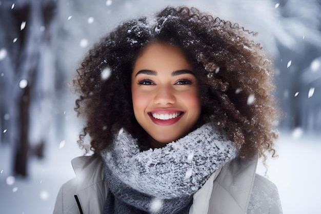 een Afro-Amerikaans meisje met weelderig krullend haar in een wollen sjaal op een wazige winterachtergrond