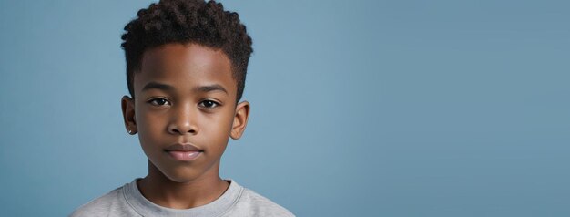 Een Afro-Amerikaanse jongen geïsoleerd op een lichtblauwe achtergrond met kopieerruimte