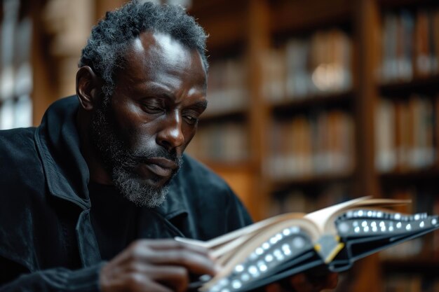 Een Afro-Amerikaanse man leest in de bibliotheek