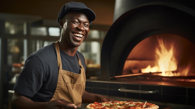 Een Afro-Amerikaanse mannelijke chef-kok houdt een afgewerkte pizza uit de oven