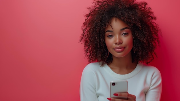 Een Afro-Amerikaanse vrouw met een plusgrootte gebruikt haar smartphone terwijl ze op een roze achtergrond staat terwijl ze poseert op een rozen achtergrond Groot concept voor mobiele app Volledige kopieerruimte beschikbaar